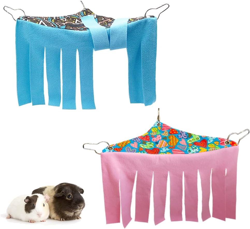 RIOUSSI Guinea Pig Hideout Hideaway Corner Fleece Toys Cage Accessories with Reversible Sides, Random/Gray-Blue+Pink, Pack of 2