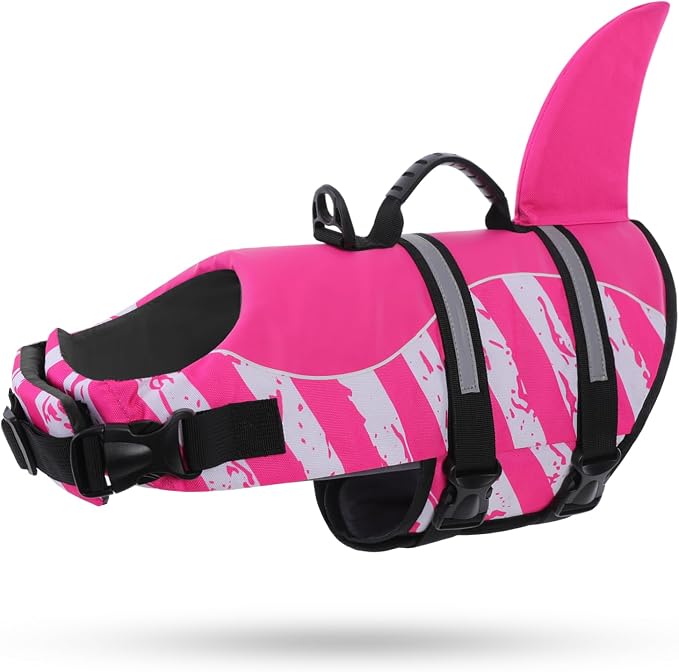 Dog Life Jacket High Flotation, Reflective Dog Life Vest for Swimming, Adjustable Dogs Life Preserver Rescue Handle Spring Summer Pool for Small, Medium, Large Dogs (Pinkwhite,XXL)