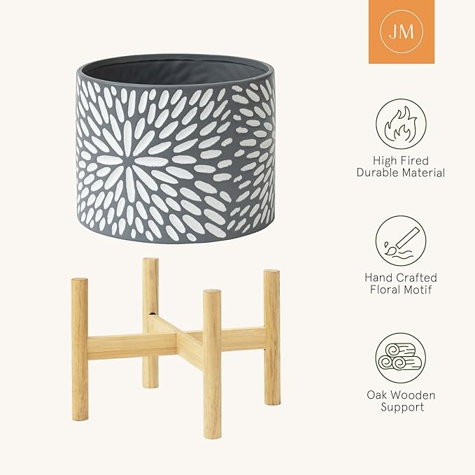 LA JOLIE MUSE Ceramic Planter with Wood Stand - 8 Inch Unique Modern Flower Pots Indoor with Wood Planter Holder and Drainage, Frost Gray