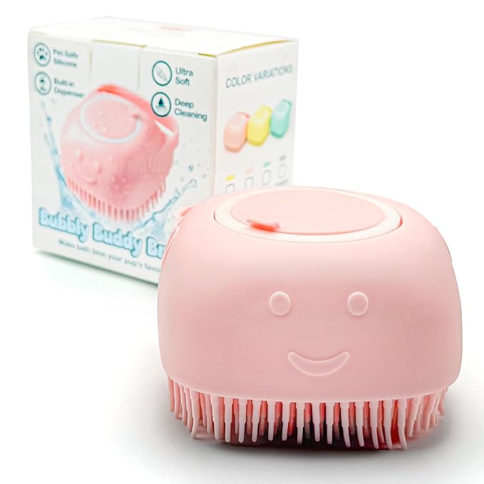 HamInWay Dog Bath Brush, 2-in-1 Dog Brush for Grooming with Built-in Shampoo Dispenser, Gentle Silicone Bristles for Bath & Massage,Easy Clean Design for Dog, Cats & Small Pets, Pink
