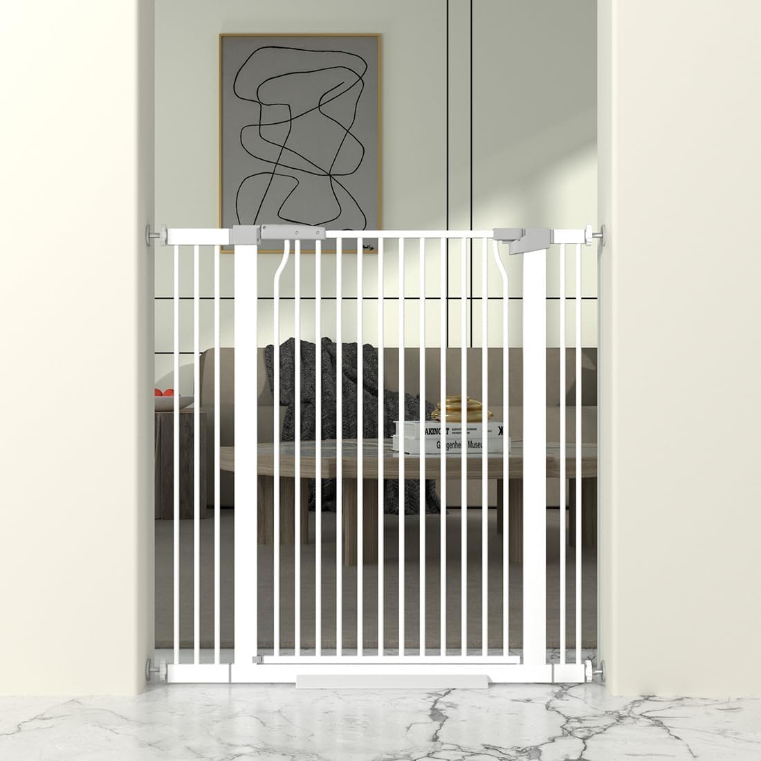 41" Extra Tall Baby Gate for Doorway, 32.6-40.5'' Metal Pet Baby Safe Gate, Extra Wide Pressure Mounted Child Door with Expansion Kit, No Drilling Cat Fence Indoor, No Climb Cat Proof Gate, White