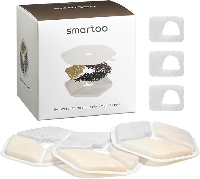 3 Packs Official Replacement Filters and 3 Packs Sponges for 152oz/4.5L Wireless Cat Water Fountain PTM-643
