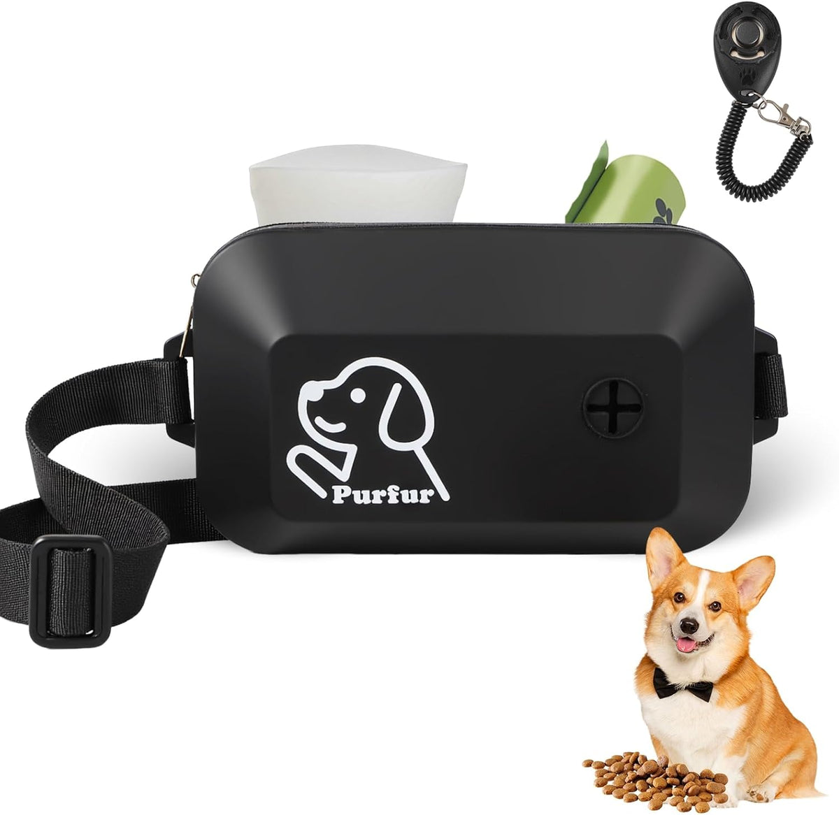 Dog Treat Pouch with Clicker & Poop Bag Holder – Waterproof Silicone, Adjustable Waist Belt for Training & Walking – Puppy Treat Pouch for Pet Training (Black)