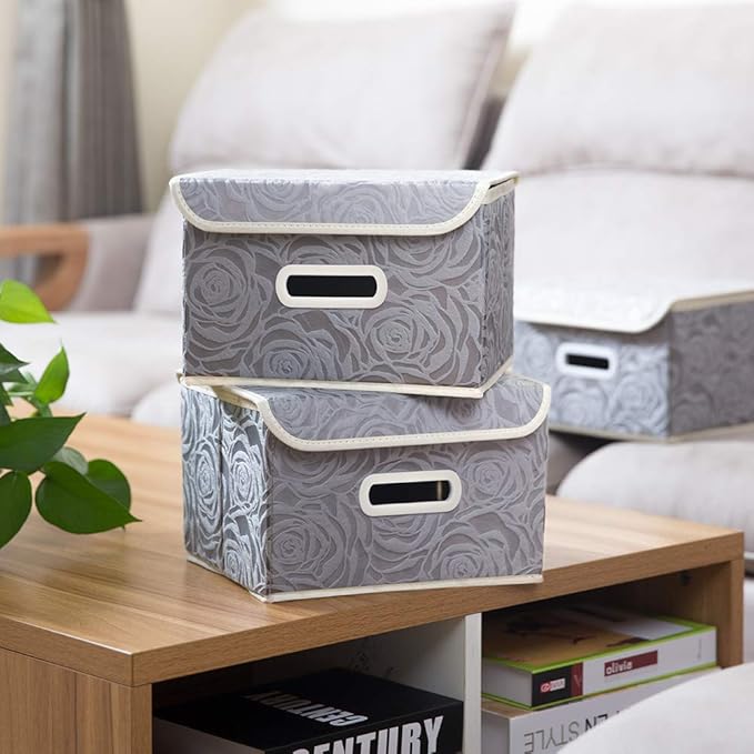 PRANDOM Collapsible Storage Boxes with Lids Fabric Decorative Storage Bins Cubes Organizer Containers Baskets with Cover Handles Divider for Bedroom Closet Living Room 9.8x7.9x6.7 Inch 3 Pack
