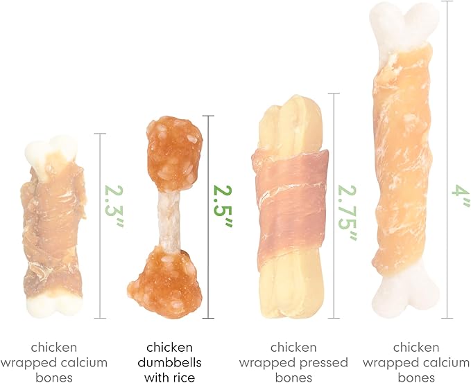 MON2SUN Dog Treats, 9oz Mini Rawhide Chews, Chicken Dumbbells with Rice for Small Dogs & Toy Breed, Crunchy and Healthy (2.5 Inch 17 Count)