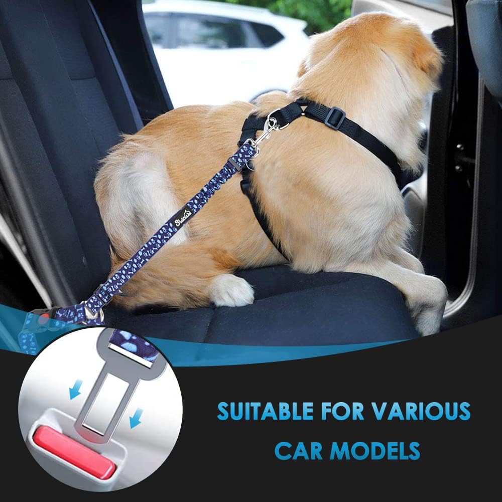 SlowTon Dog Seat Belt for Car, 2 Pack Dog Car Harness Seatbelt Adjustable with Elastic Bungee Buffer, 2 in 1 Pet Car Leash Headrest Restraint Dog Reflective Safety Tether (Blue Paw, Headrest+Clip)