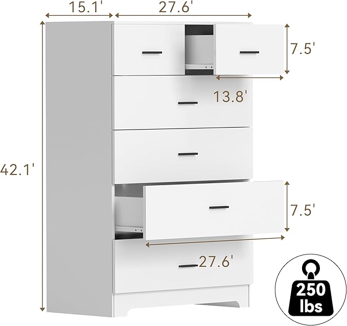 Dresser with Power Outlets Wooden 6 Drawer Dresser with Large Organizer White
