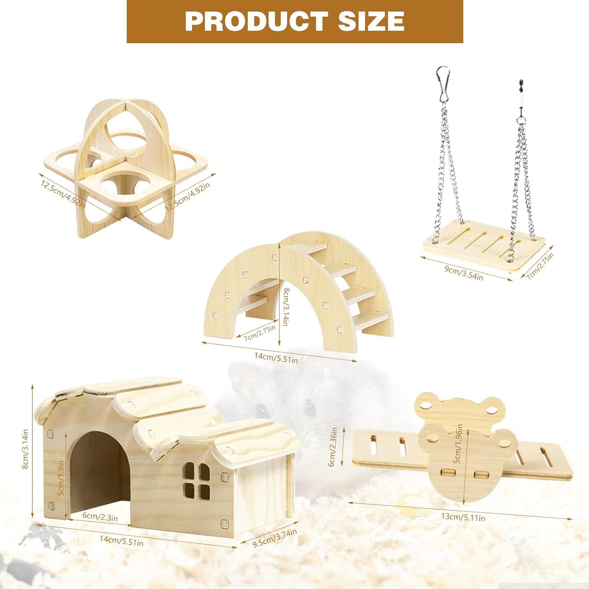 Hamster Toys 5-Piece Set,Hamster House, Swing, Climbing Ladder, Seesaw & Exercise Wheel,Pet DIY Sport Exercise Toys Set, Small Animal Habitat Accessories,Gerbils, Mice(Natural Wood A)