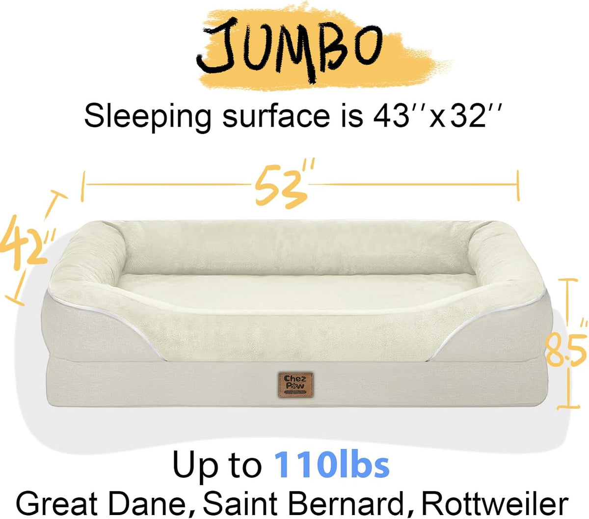 Washable Orthopedic Large Dog Bed - Removable Waterproof Cover with Bolster Machine Washable Extra Large Dogs Beds Foam Support XL Big Pet Beds