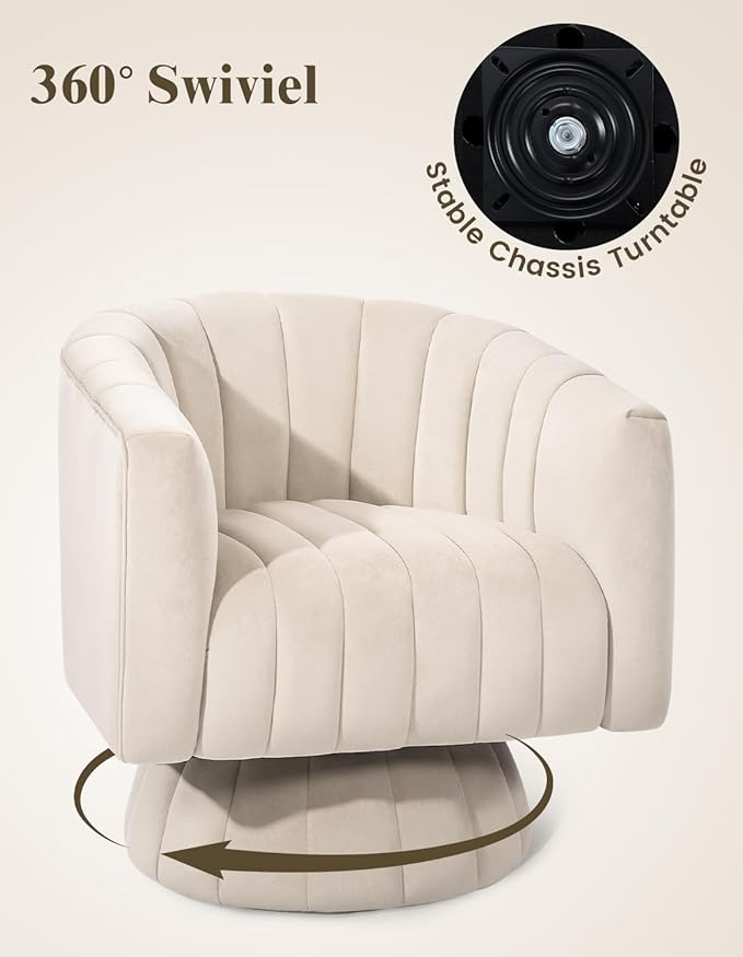Kromax Swivel Accent Chair with Armrest, Mid Century 360 Degree Swivel Barrel Chair Overstuffed Tufted Velvet, Ideal for Living Room, Bedroom, Reading Room, Beige