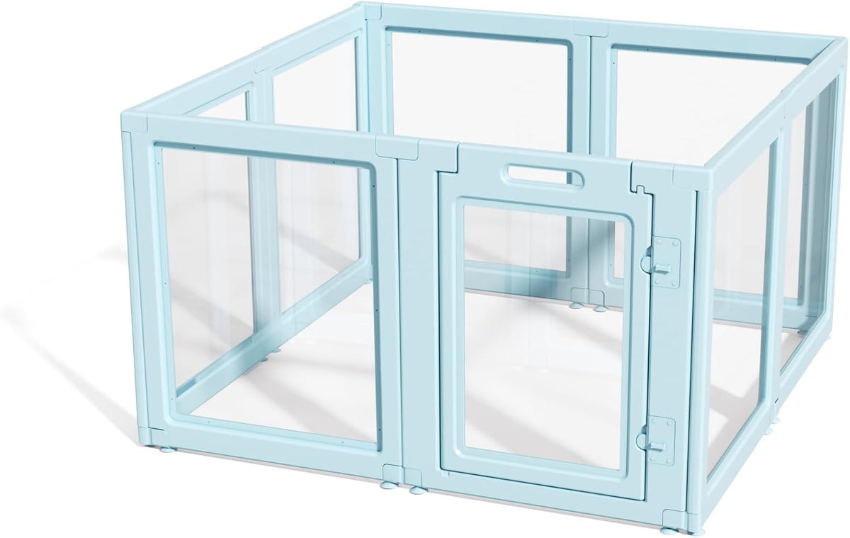 DIY Clear Acrylic Dog Playpen House,Quick Easy Assembly and Disassembly,Strong Floor Suction,Indoor and Outdoor Use,Easy Cleansing Puppy Fence (Sky Blue, 30.3" H, 8PCS)