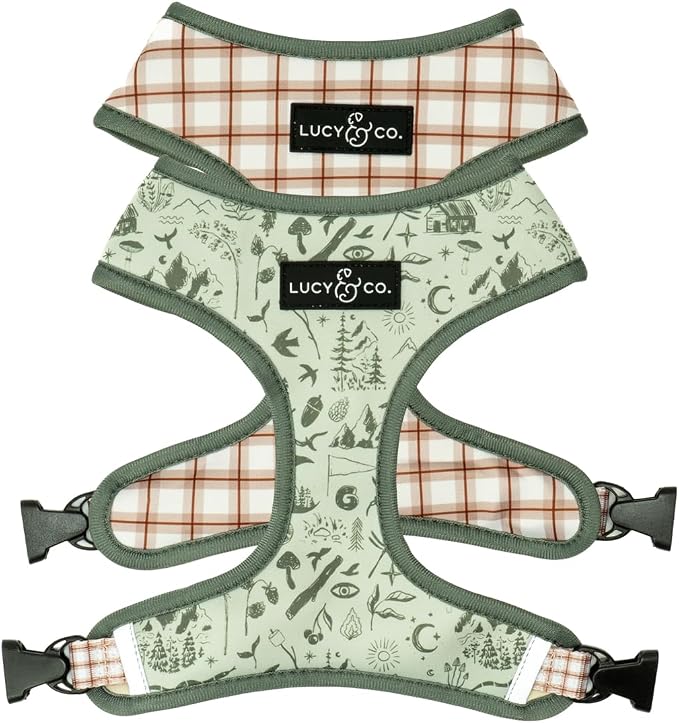 Lucy & Co. Reversible Dog Harness - Water-Repellent Neoprene, Dual-Print Design, Easy Swap Style, Adjustable Comfort Fit - Camp Out Reversible Harness - X-Small