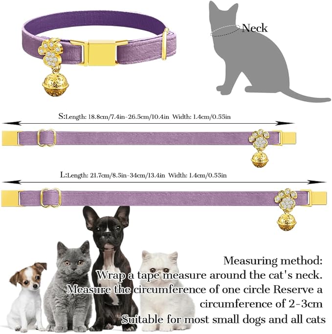 Personalized Breakaway Cat Collars - Magnetic Buckle, Bell - Safety Quick Release, Customized for Girls & Boys Cats- (Velvet-Deep Purple)