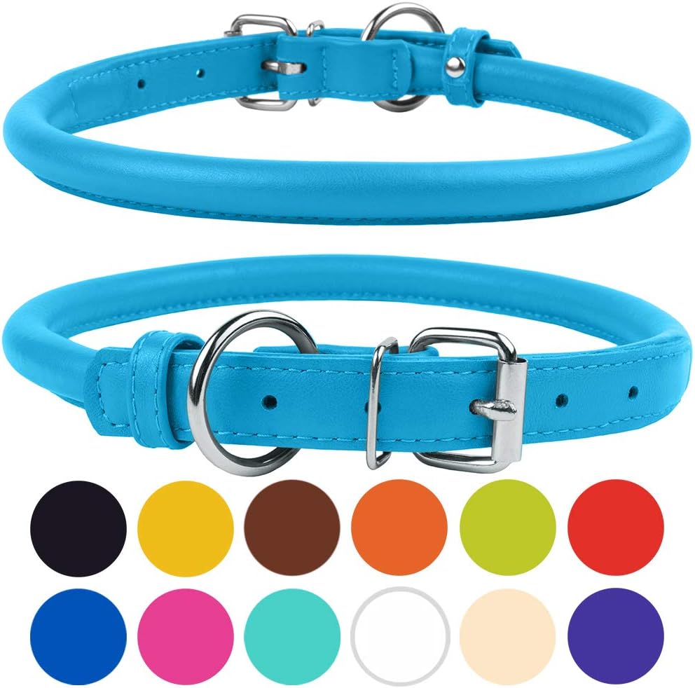 CollarDirect Rolled Leather Dog Collar, Soft Padded Round Puppy Collar, Handmade Genuine Leather Collar Dog Small Large Cat Collars 13 Colors (13-16 Inch, Light Blue Textured)