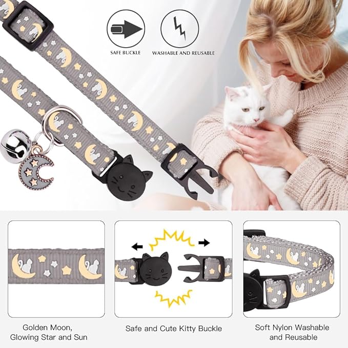 2Pcs Breakaway Cats Collars Cat Collars for Boy & Girl Cats Adjustable Kitten Collars with Bell,Black+Gray