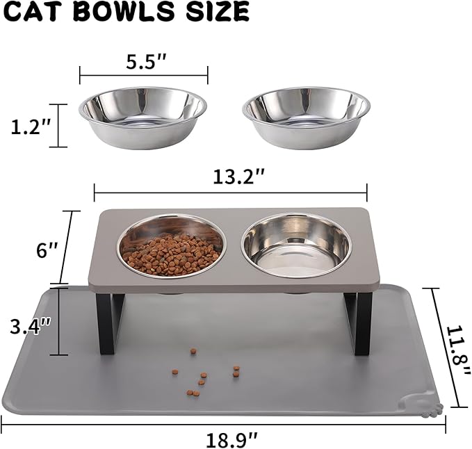Upgraded Elevated Cat Bowls with Food Mat,15°Tilted Stand Anti Vomiting Raised Cat Dishes for Food and Water,2 Stainless Steel Bowls for Cats and Puppy（Gray）