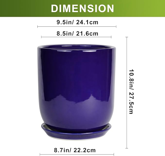 10 Inch Plant Pot - Ceramic Pot for Indoor Plants Large Planter Modern Outdoor Flower Pot with Drainage Hole and Saucer for Home Patio Decor Blue