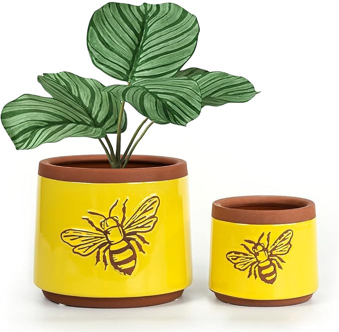 YBX Terracotta Pots Inch with Drainage Holes, Bee Decor, Ceramic Pots for Indoor Plants Flower Pots Outdoor, Succulent, Herbs, Snake Plants (Yellow, 6+4 Inch)