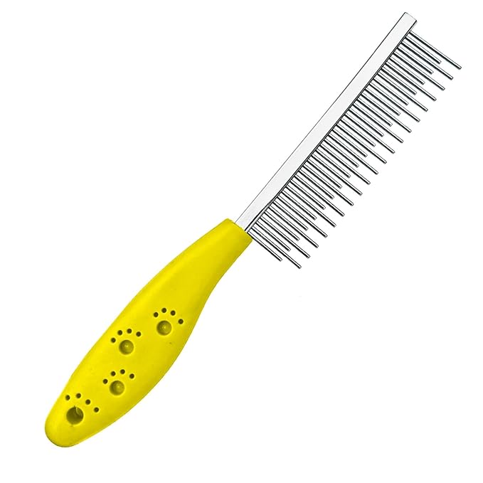 Dog or Cat Comb Grooming with Short and Long Teeth Dematting Knots Tangles Remover Combs Detangler Tool Suitable for Dogs Cats Poodle HorseStainless Steel Pin (Yellow)