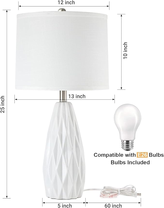 25'' Table Lamp White Table Lamps Modern Ceramic Lamps for Night Stand - Dimmable Bedside Lamps for Nightstand, Bedroom Lamp for Living Room Desk End Table Office Guest Room