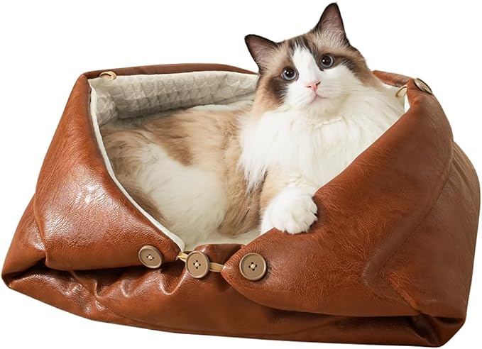 Cat Beds for Indoor Cats Dog Bed for Small Dogs 5 in 1 Function - Leather Mats Bed Cave Pillow Pad for Puppy & Kitten Four-Season 27.5 * 35.4inch Brown