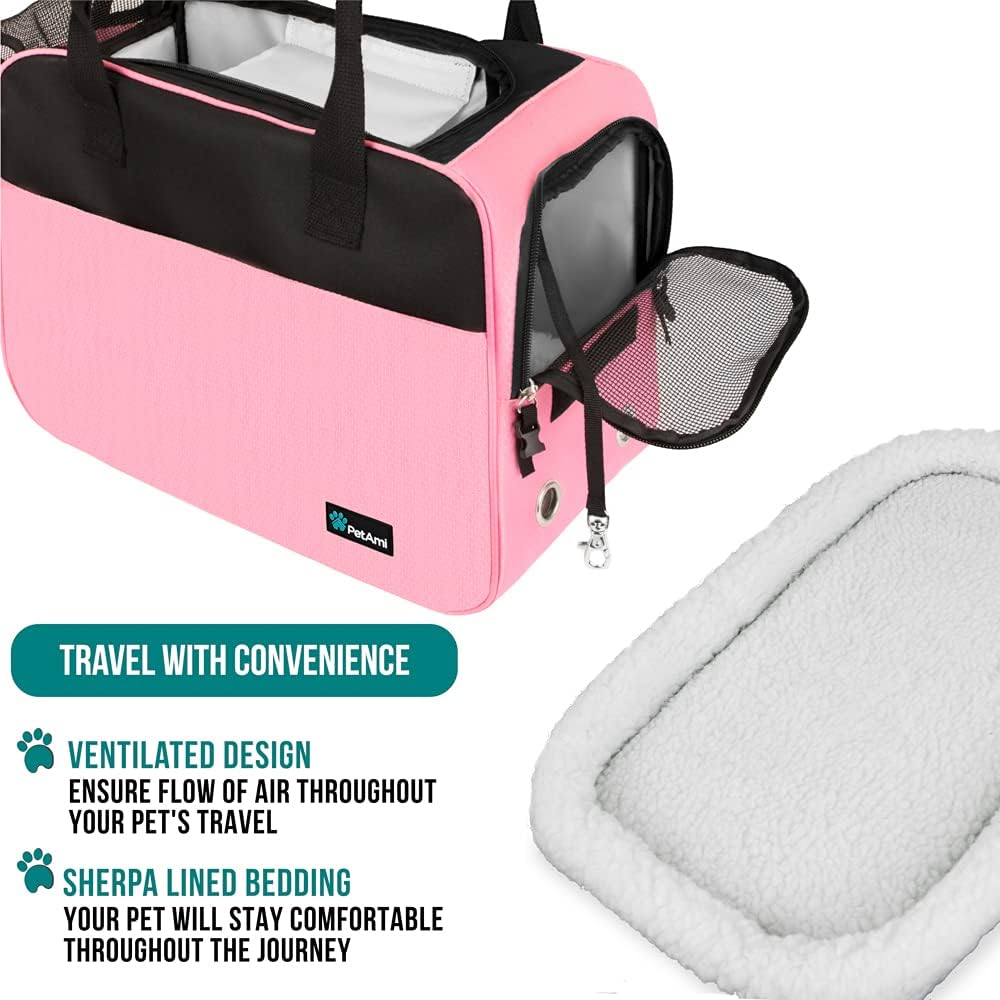 PetAmi Dog Purse Carrier for Small Dogs, Airline Approved Soft Sided Pet Carrier with Pockets, Ventilated Dog Carrying Bag for Puppy Cat, Dog Travel Supplies Bag, Sherpa Bed, Max 12 lbs, Pink