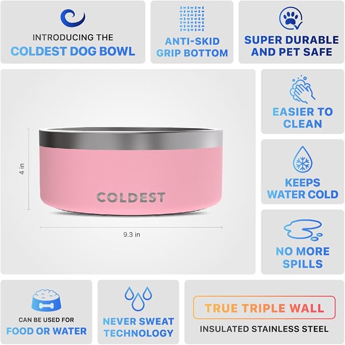 Coldest Dog Bowl - Anti Rust Metal, Non Slip, 3 Layers Insulated Stainless Steel Dog Bowls - Spill Proof & Heavy Duty - Water Bowl for Dogs, Cats & Pets, Dish Washer Safe (100 oz, Cotton Candy Pink)