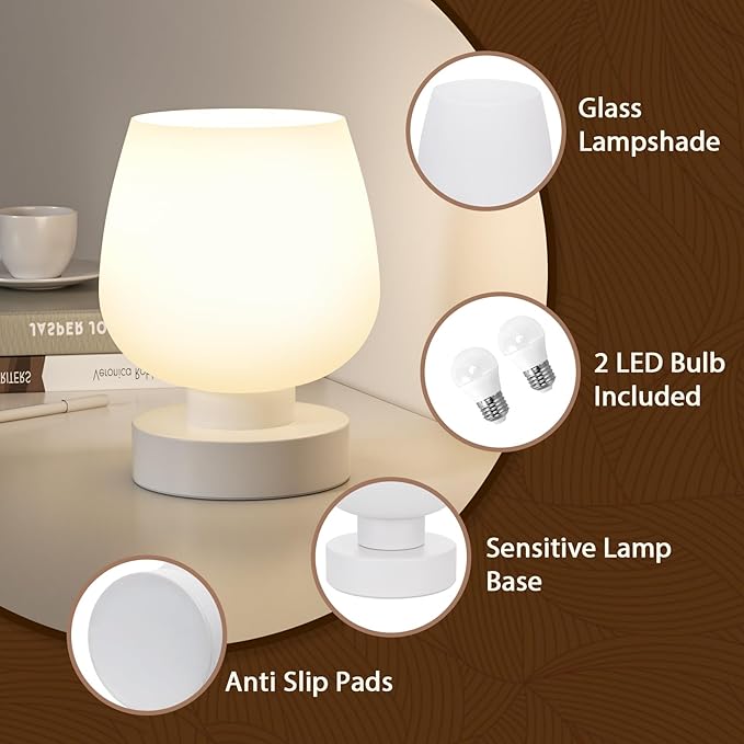 Seealle Touch Bedside Table Lamp Set of 2 - Small Bedside Lamp for Bedroom Living Room Night Stands, Desk Lamp with White Glass Shade for Small Spaces, 3 Way Dimmable, LED Bulbs, Gifts