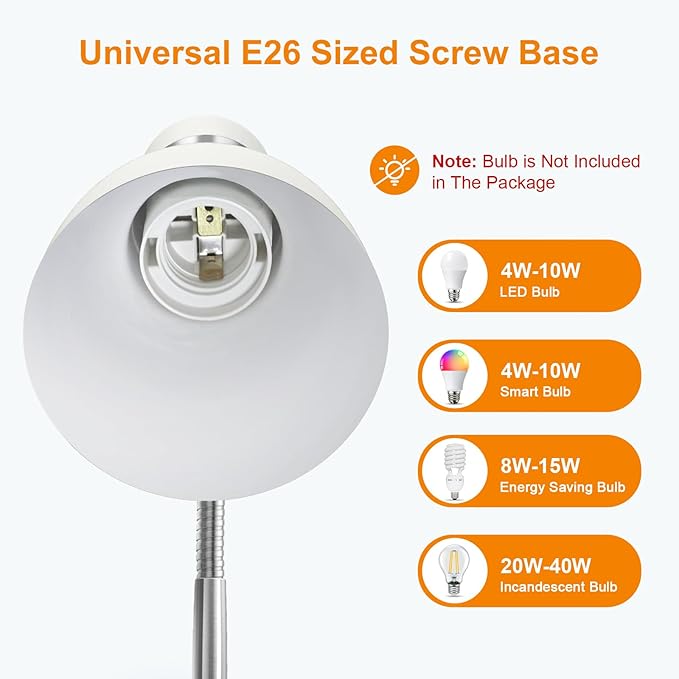 LEPOWER Metal Desk Lamp, Adjustable Goose Neck Table Lamp, Eye-Caring Study Desk Lamps for Bedroom, Study Room and Office (White)