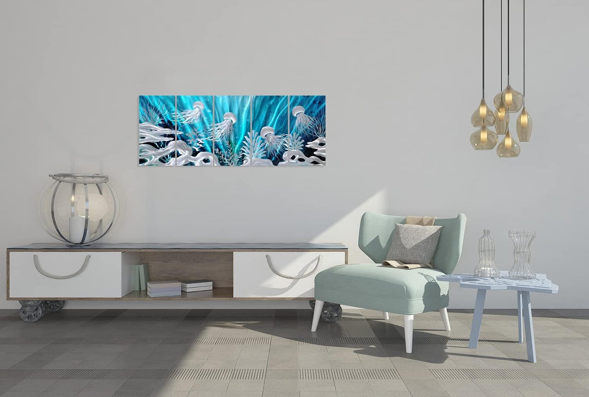 SYGALLERIER Jelly Fish Large Metal Wall Art Hand Grind Aluminum Artwork 3D Undersea World Coastal Pictures Nautical Decor for Living Room Bedroom