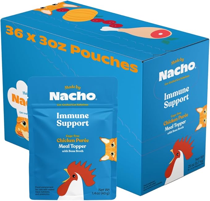 Made by Nacho Immune Support Cage-Free Chicken Puree, Meal Topper with Bone Broth, Wet Cat Food Topper, Immune System Support, Limited Ingredients, 1.4 oz. Each, 36 Count