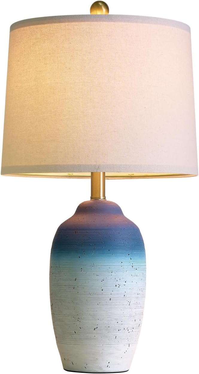 24.5" Vintage Ceramic Table Lamp - Single Farmhouse Rustic Bedside Lamp with Natural Textured Finish, Nightstand Lamps for Living Room, Bedroom, End Table, Office White and Blue