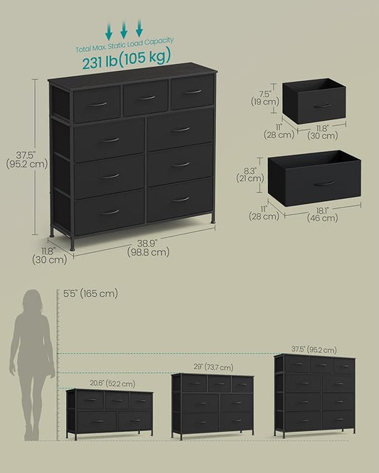 SONGMICS Dresser for Bedroom, Chest of Drawers, 9 Non-Woven Fabric Drawers