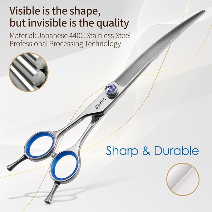 Left Handed Curved Scissors for Dog Grooming Professional 8 inch Long Downward Curved Shears Grooming for Poodle Large Dogs Pet 30°Japanese 440C Stainless Steel (8.0 curved)