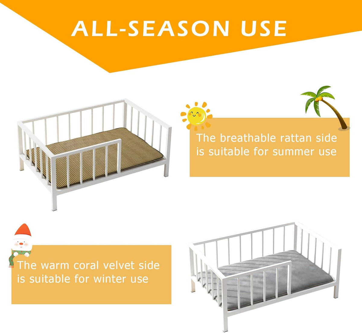 Dog Bed with Rails - Elevated Pet Metal Bed Frame with Solid Wood Board and Washable Soft Mat for Medium Dog Indoor or Outdoor Use, 25.2" x 37.8", White