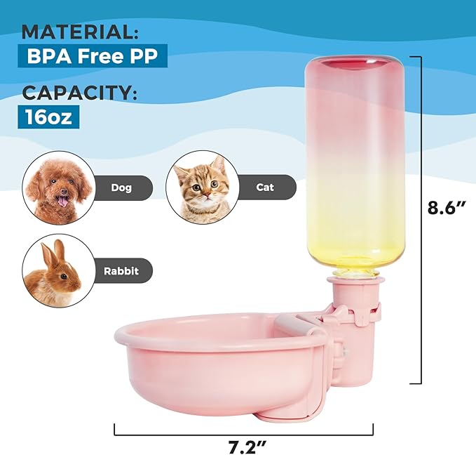 VANNON 16oz Pet Water Bottle, Gravity Dog Water Bowl Dispenser for Cage, Anti-Overflow Water Dispenser for Small Dogs, Cats, Rabbits and Other Small Animals, BPA Free, Gradient Pink