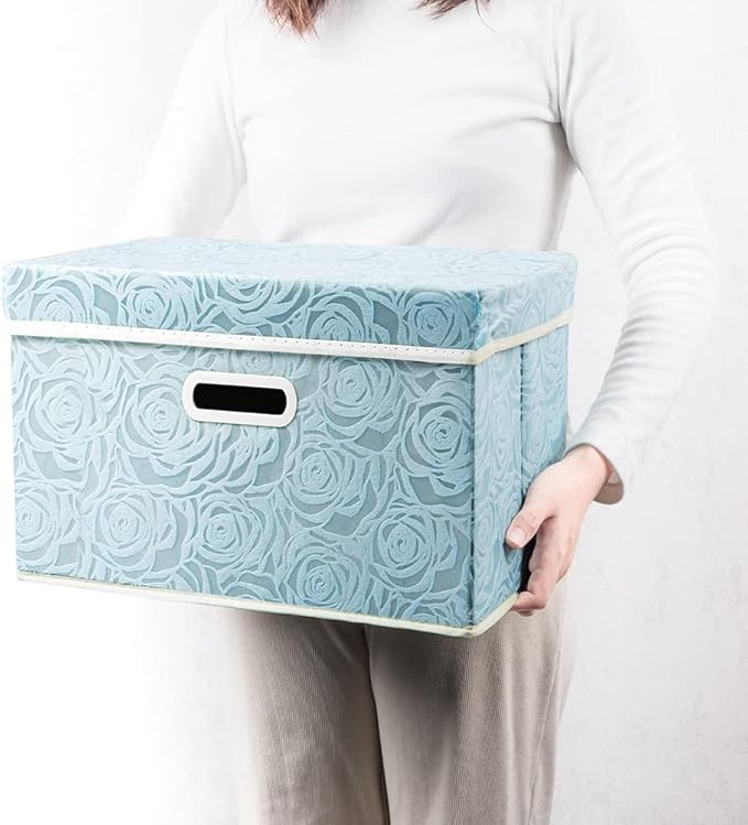 PRANDOM Stackable Storage Cubes with Lids [5-Pack] Fabric Decorative Storage Box Bins Organizer Containers Baskets with Cover Handles Divider for Bedroom Closet Living Room Blue 14.9x9.8x9.8 Inch