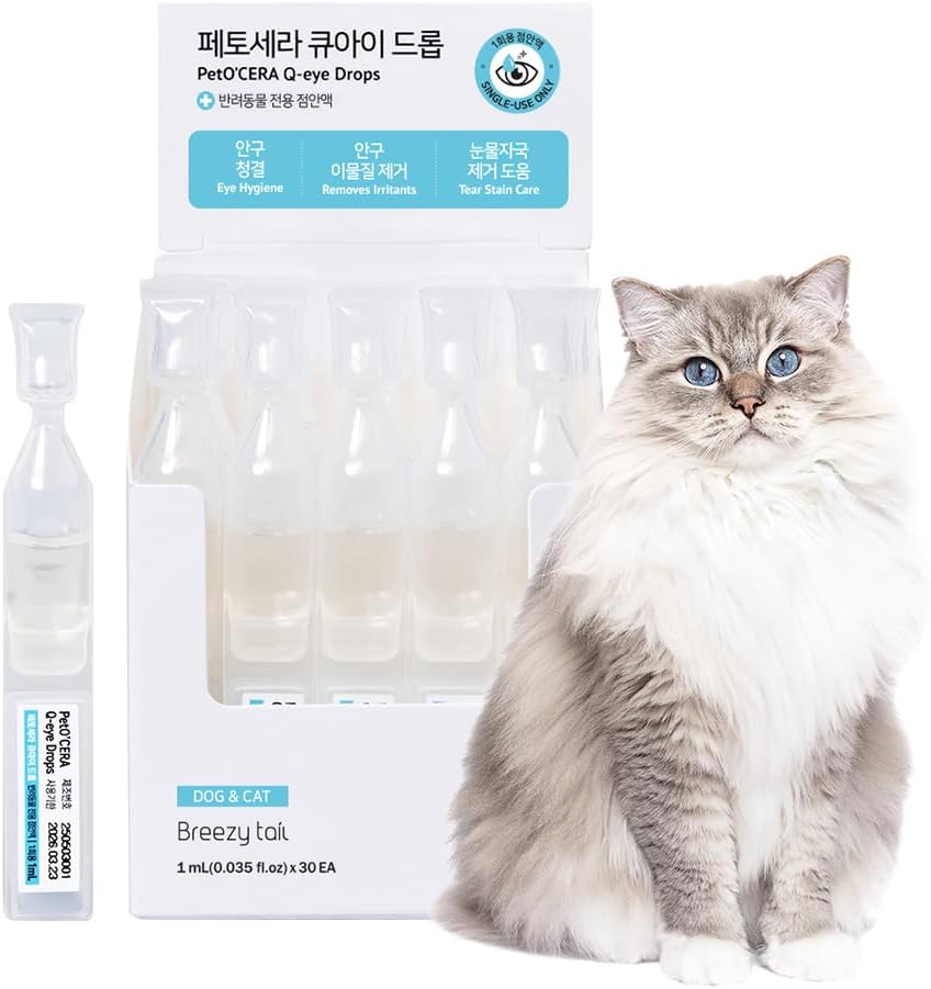 Breezytail PetO’Cera Q-Eye, Lubricating Eye Drops, Daily Moisture for Dry Eyes, Gently Flushes Irritants & Tear Stains, Vet-Approved for Dogs & Cats, 1ml*30ea