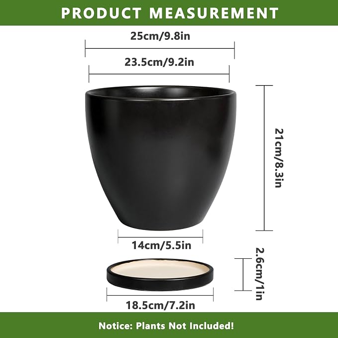 Ceramic Planter - 10 Inch Plant Pot with Drainage Hole and Tray, Round Flower Pots, Planters for Indoor Plants, Modern Room Garden Patio Bathroom Living Room Porch Home Decor, Black
