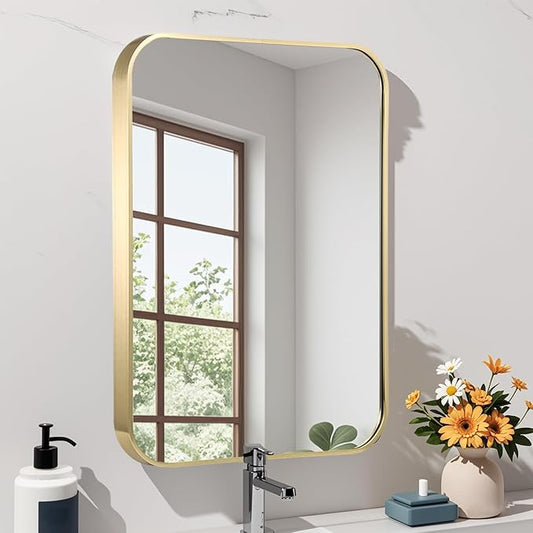 22x30 Inch Gold Bathroom Mirror, Brushed Gold Metal Framed Rectangular Mirror