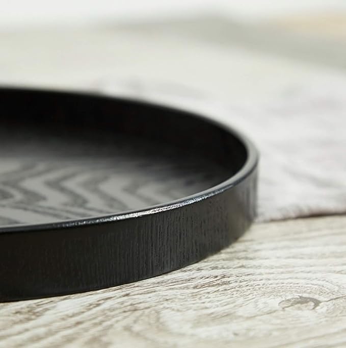 River Round Wood Serving Tray, Solid Wooden Decorative Tray Non-Slip Tea Coffee Table Tray Snack Plate Food Meals Serving Tray with Raised Edges for Home Decor Kitchen Restaurant(11.8inch/30cm, Black)