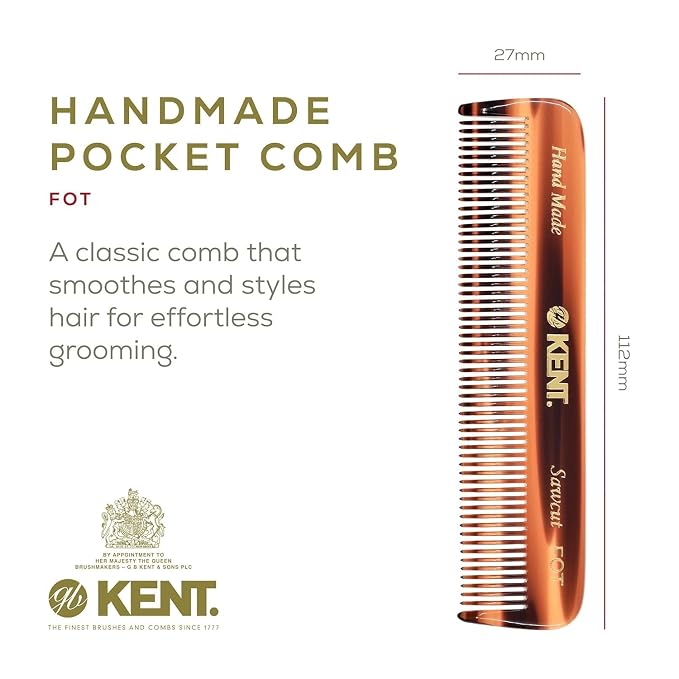 Kent Mens Beard Kit, 81T Extra Small Beard Mustache Comb, Fot All Fine Tooth Pocket Comb and PF22 Oval Palm Hair Brush. Beard and Mustache Grooming Kit for Travel and Home Beard Care. Made in England