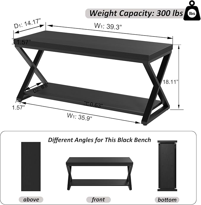 IBF Black Bench for Entryway, Black Modern Wood Bench for Bedroom Hallway Foyer, Farmhouse Entry Way Home Organizer Shoe Bench Seat with Storage Rack Indoor Under Window, 39 Inch Long