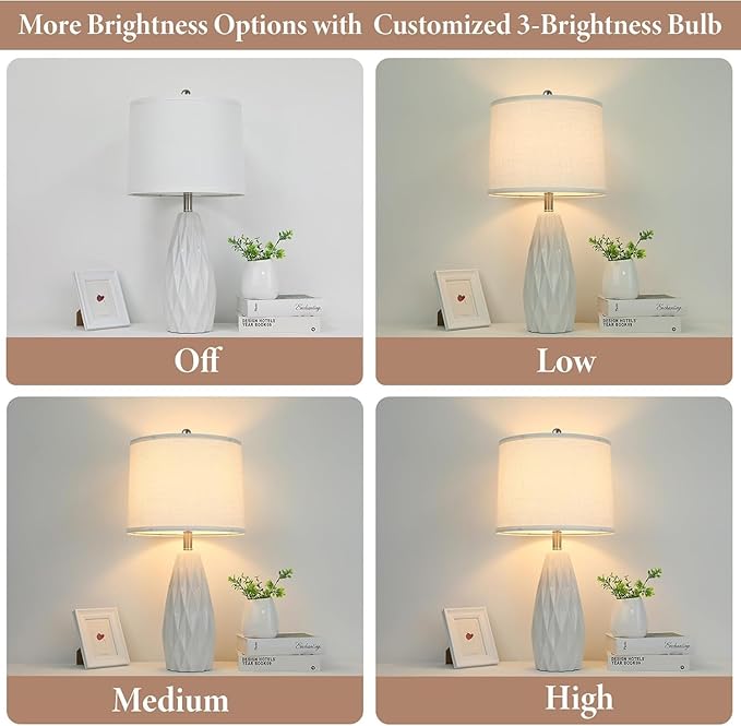 25'' Table Lamp White Table Lamps Modern Ceramic Lamps for Night Stand - Dimmable Bedside Lamps for Nightstand, Bedroom Lamp for Living Room Desk End Table Office Guest Room