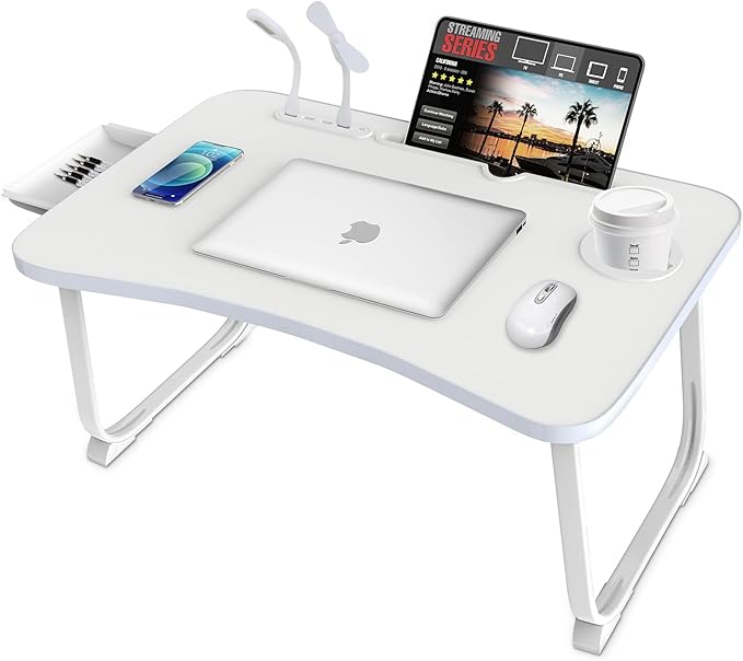 Fayquaze Laptop Bed Desk, Portable Foldable Lap Bed Table with USB Charge Port Storage Drawer and Cup Holder,Lap Desk Laptop Stand Tray Table Serving Tray for Eating, Reading and Working