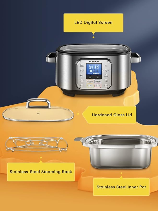 HOUSNAT Slow Cooker, 10 in 1 Programmable Cooker, 304 Stainless Steel Rice