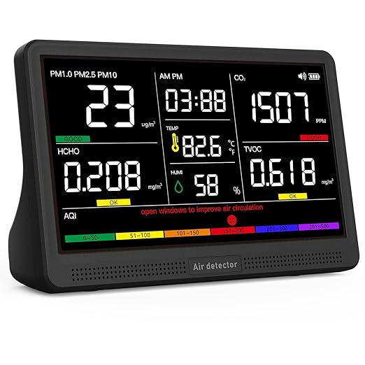 16 in 1 Air Quality Monitor Indoor 7" Display 9 AQI+7 AQI Alerts, CO2 Monitor