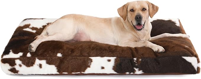 Bedfolks Waterproof Crate Bed, Plush Washable Cover, Faux Fur Pad for XXL Dogs, Fluffy Kennel Bed 47"x29", Cow Print