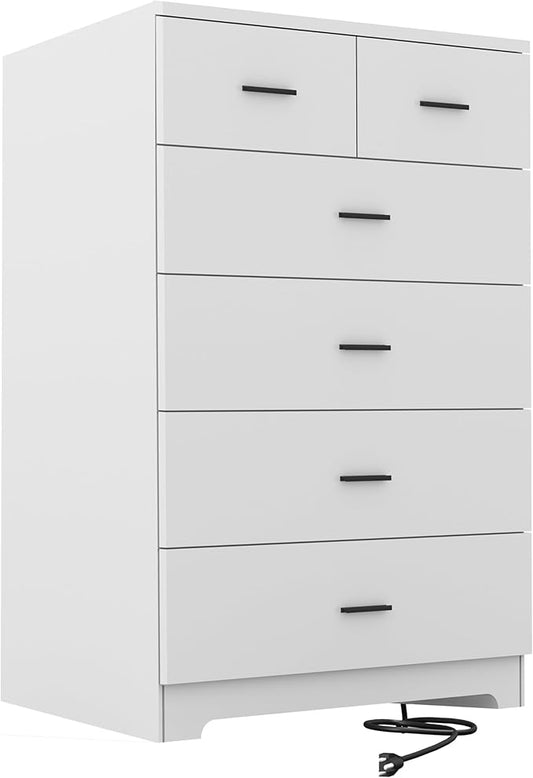 Dresser with Power Outlets Wooden 6 Drawer Dresser with Large Organizer White