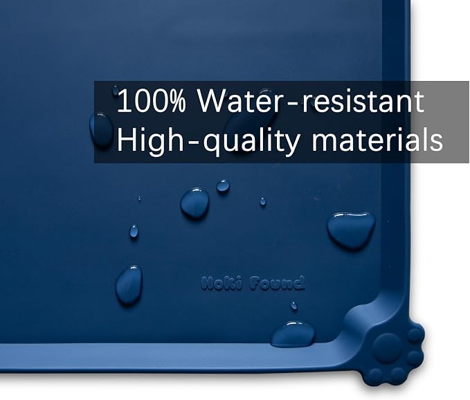 Hoki Found Large Silicone Pet Food Mat - Non Slip Dog, Cat Bowl Mat Tray - Waterproof Feeding Placemat - Indigo Ink